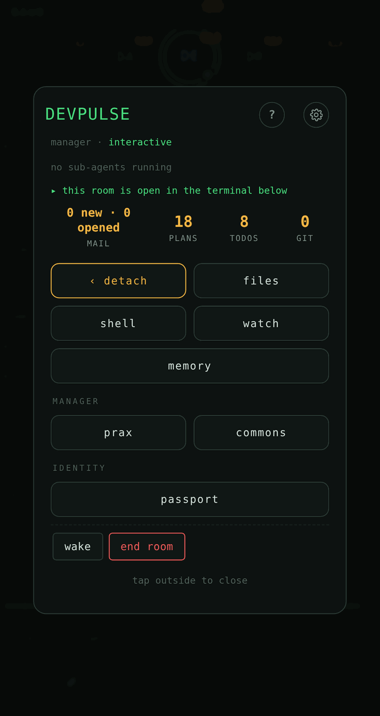 An agent's card: its role and status, counts of mail, plans and todos, and buttons for files, shell, watch and memory.